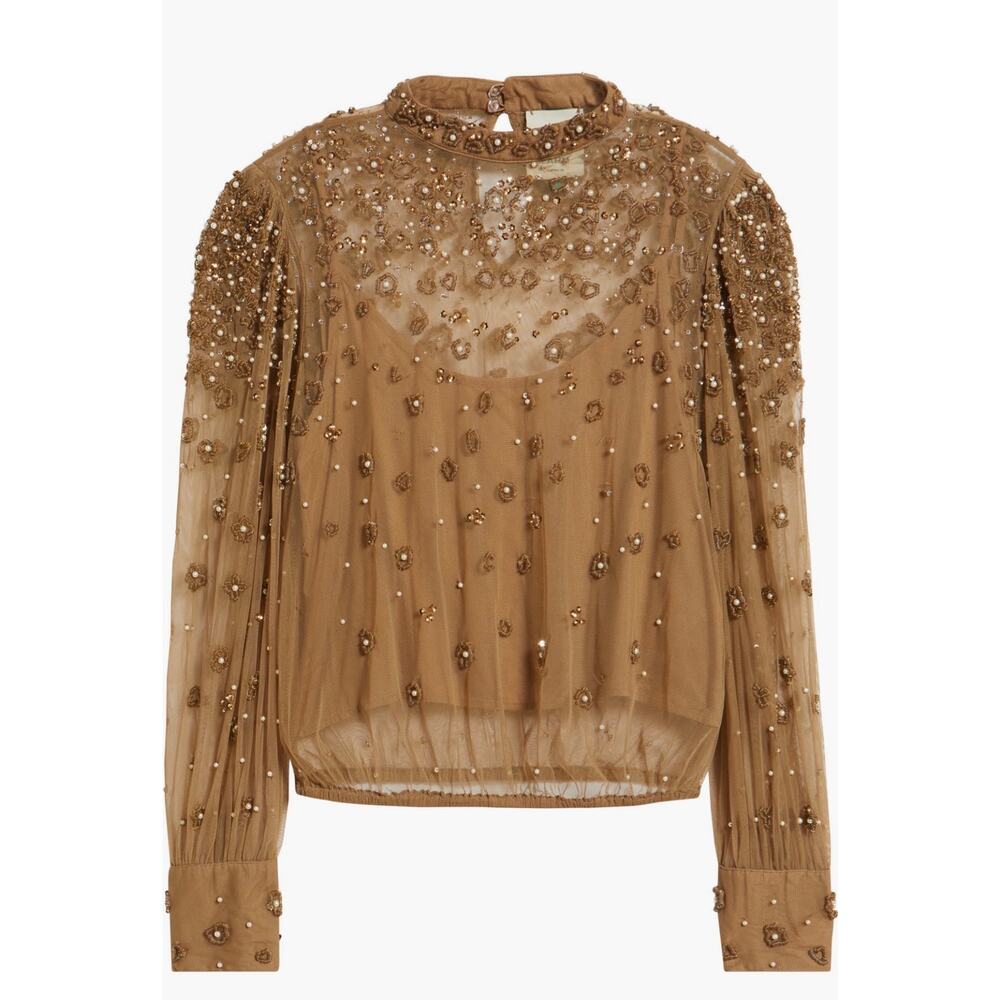 FARM RIO Embroidered Tulle Lined Blouse Caramel Large